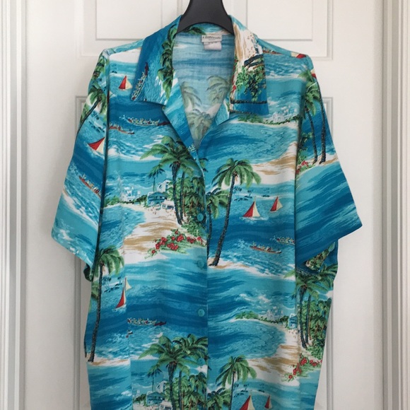 Modern Essentials Button Down Tropical Shirt 22W Blue Green Palm Short Sleeves - Picture 3 of 12